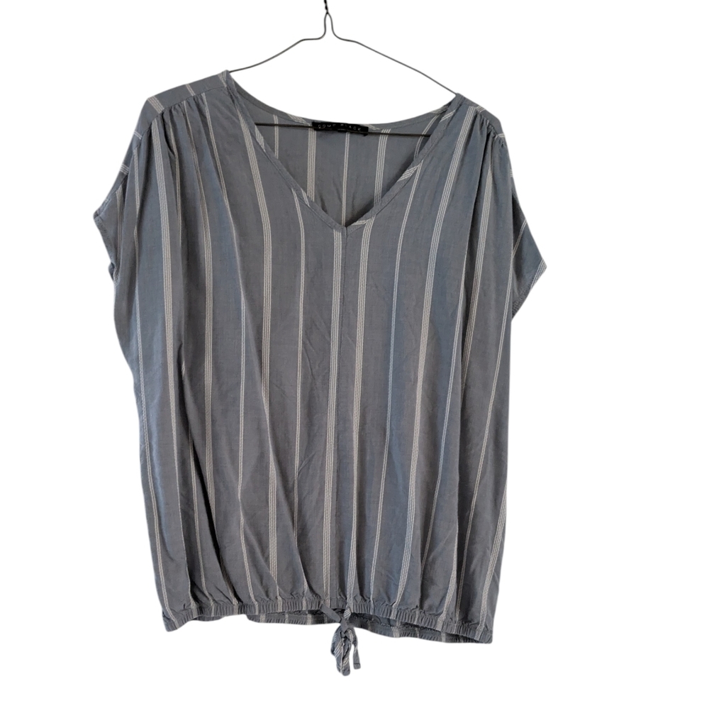 Casual Gray Striped V-Neck Blouse